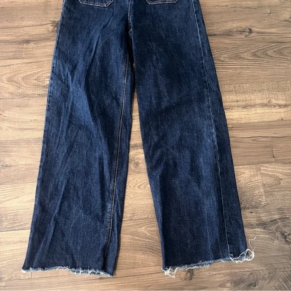 OAT New York Dark Wash Wide Leg Jeans Raw Hem High Rise Flat Front Sz 8/29 - Picture 2 of 7